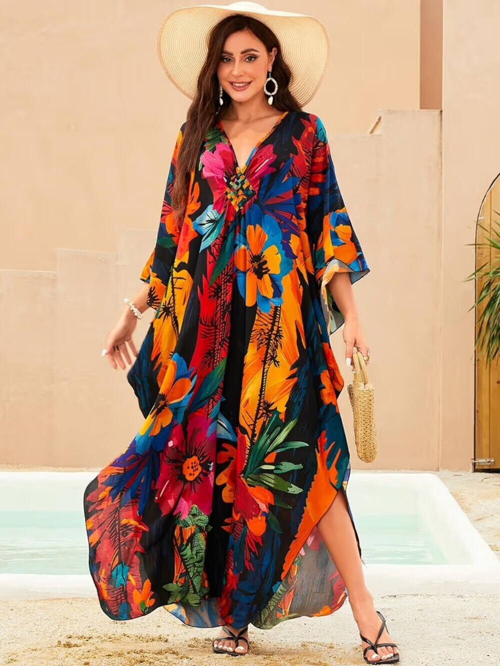 Kaftan Dress Plus Size V-Neck Batwing Sleeves Beach Cover Up Summer